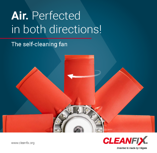 Reversible fan for radiator cleaning with self-cleaning function, red.